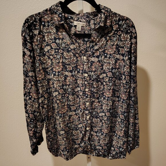 croft & barrow Tops - Croft & Barrow Women's Button Front Long Sleeve Blouse Size XL Rayon Blue Print